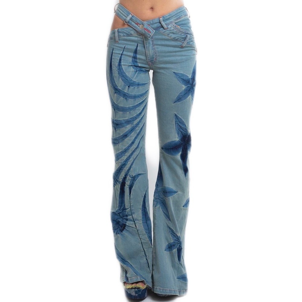 Artistic Blue Floral Women's Flare Jeans - Picture 2 of 2